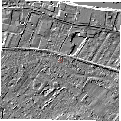 Shaded relief map of the ground around TW183DP, computed from Environment Agency LiDAR. The ground here sits at about 15 m above sea level and falls 5 m across the surrounding 800 m. Surface water reaching this point runs off ground lying to the north-north-east, 1.6 m higher.
