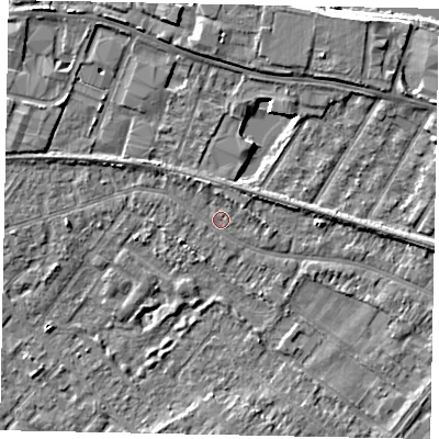 Shaded relief map of the ground around TW183DQ, computed from Environment Agency LiDAR. The ground here sits at about 15 m above sea level and falls 5 m across the surrounding 800 m. Surface water reaching this point runs off ground lying to the north-north-west, 1.7 m higher.