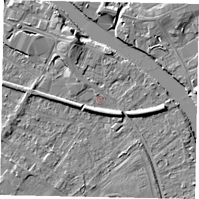 Shaded relief map of the ground around TW183DU, computed from Environment Agency LiDAR. The ground here sits at about 15 m above sea level and falls 7 m across the surrounding 800 m. Surface water reaching this point runs off ground lying to the south-east, 5.4 m higher.