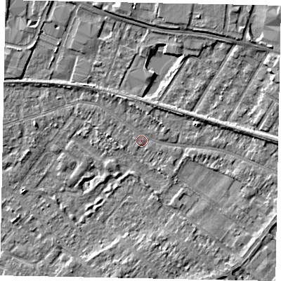 Shaded relief map of the ground around TW183DW, computed from Environment Agency LiDAR. The ground here sits at about 15 m above sea level and falls 4 m across the surrounding 800 m. Surface water reaching this point runs off ground lying to the north-north-west, 2.0 m higher.