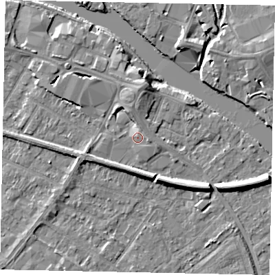 Shaded relief map of the ground around TW183DZ, computed from Environment Agency LiDAR. The ground here sits at about 16 m above sea level and falls 7 m across the surrounding 800 m. Surface water reaching this point runs off ground lying to the east-south-east, 0.8 m higher.