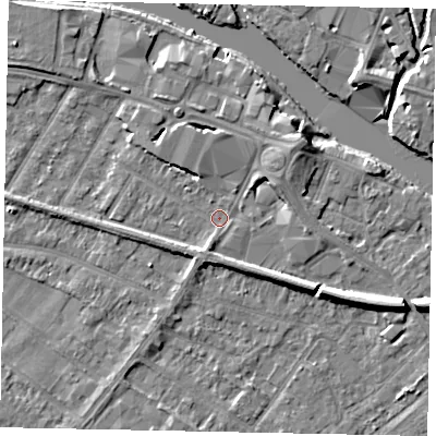 Shaded relief map of the ground around TW183EB, computed from Environment Agency LiDAR. The ground here sits at about 15 m above sea level and falls 7 m across the surrounding 800 m. Surface water reaching this point runs off ground lying to the north-east, 4.7 m higher.