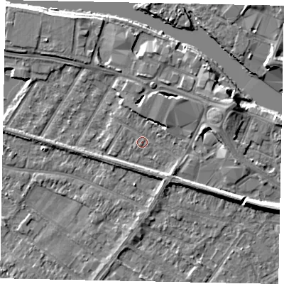 Shaded relief map of the ground around TW183ED, computed from Environment Agency LiDAR. The ground here sits at about 16 m above sea level and falls 7 m across the surrounding 800 m. Surface water reaching this point runs off ground lying to the east-north-east, 4.7 m higher.