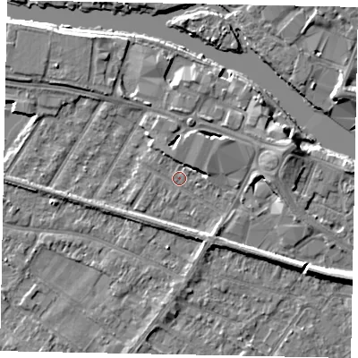 Shaded relief map of the ground around TW183EE, computed from Environment Agency LiDAR. The ground here sits at about 15 m above sea level and falls 7 m across the surrounding 800 m. Surface water reaching this point runs off ground lying to the east-north-east, 4.7 m higher.