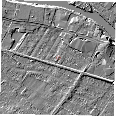 Shaded relief map of the ground around TW183EF, computed from Environment Agency LiDAR. The ground here sits at about 15 m above sea level and falls 6 m across the surrounding 800 m. Surface water reaching this point runs off ground lying to the east-south-east, 2.8 m higher.
