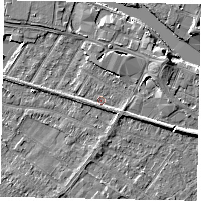 Shaded relief map of the ground around TW183EG, computed from Environment Agency LiDAR. The ground here sits at about 15 m above sea level and falls 7 m across the surrounding 800 m. Surface water reaching this point runs off ground lying to the east-south-east, 2.5 m higher.