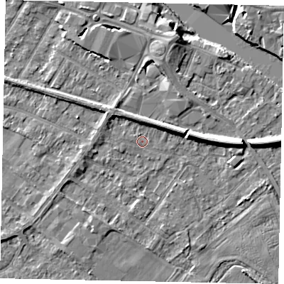Shaded relief map of the ground around TW183EH, computed from Environment Agency LiDAR. The ground here sits at about 15 m above sea level and falls 7 m across the surrounding 800 m. Surface water reaching this point runs off ground lying to the north-north-east, 3.2 m higher.