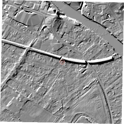 Shaded relief map of the ground around TW183EJ, computed from Environment Agency LiDAR. The ground here sits at about 15 m above sea level and falls 7 m across the surrounding 800 m. Surface water reaching this point runs off ground lying to the north-north-east, 4.8 m higher.