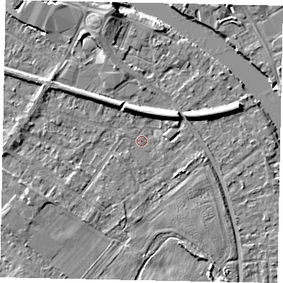 Shaded relief map of the ground around TW183EP, computed from Environment Agency LiDAR. The ground here sits at about 15 m above sea level and falls 7 m across the surrounding 800 m. Surface water reaching this point runs off ground lying to the north-north-west, 5.0 m higher.