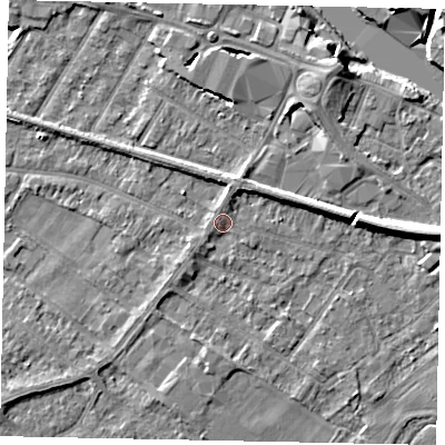 Shaded relief map of the ground around TW183EQ, computed from Environment Agency LiDAR. The ground here sits at about 15 m above sea level and falls 7 m across the surrounding 800 m. Surface water reaching this point runs off ground lying to the north-north-east, 2.0 m higher.