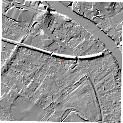 Shaded relief map of the ground around TW183ER, computed from Environment Agency LiDAR. The ground here sits at about 15 m above sea level and falls 7 m across the surrounding 800 m. Surface water reaching this point runs off ground lying to the north-east, 5.4 m higher.