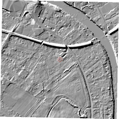 Shaded relief map of the ground around TW183ES, computed from Environment Agency LiDAR. The ground here sits at about 15 m above sea level and falls 7 m across the surrounding 800 m. Surface water reaching this point runs off ground lying to the north, 5.7 m higher.