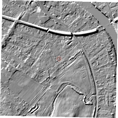 Shaded relief map of the ground around TW183ET, computed from Environment Agency LiDAR. The ground here sits at about 14 m above sea level and falls 7 m across the surrounding 800 m. Surface water reaching this point runs off ground lying to the south-south-west, 1.5 m higher.