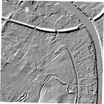 Shaded relief map of the ground around TW183EU, computed from Environment Agency LiDAR. The ground here sits at about 14 m above sea level and falls 7 m across the surrounding 800 m. Surface water reaching this point runs off ground lying to the north, 5.7 m higher.
