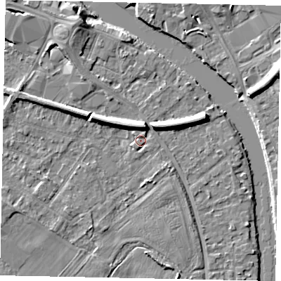 Shaded relief map of the ground around TW183EW, computed from Environment Agency LiDAR. The ground here sits at about 15 m above sea level and falls 7 m across the surrounding 800 m. Surface water reaching this point runs off ground lying to the north-north-west, 5.7 m higher.