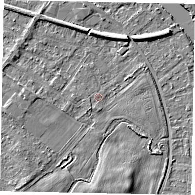 Shaded relief map of the ground around TW183EX, computed from Environment Agency LiDAR. The ground here sits at about 15 m above sea level and falls 7 m across the surrounding 800 m. Surface water reaching this point runs off ground lying to the south-south-west, 1.1 m higher.