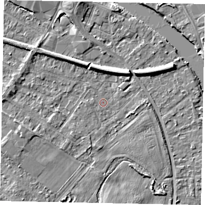 Shaded relief map of the ground around TW183EY, computed from Environment Agency LiDAR. The ground here sits at about 14 m above sea level and falls 7 m across the surrounding 800 m. Surface water reaching this point runs off ground lying to the south-south-west, 1.4 m higher.