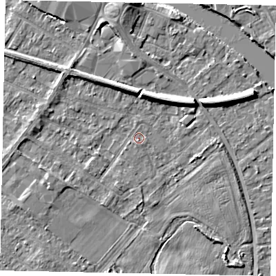 Shaded relief map of the ground around TW183EZ, computed from Environment Agency LiDAR. The ground here sits at about 15 m above sea level and falls 7 m across the surrounding 800 m. Surface water reaching this point runs off ground lying to the south, 1.5 m higher.