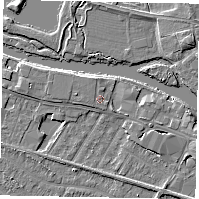 Shaded relief map of the ground around TW183FA, computed from Environment Agency LiDAR. The ground here sits at about 16 m above sea level and falls 6 m across the surrounding 800 m. Surface water reaching this point runs off ground lying to the west, 0.6 m higher.