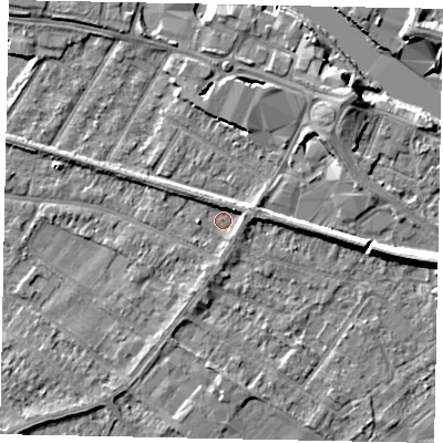 Shaded relief map of the ground around TW183FB, computed from Environment Agency LiDAR. The ground here sits at about 15 m above sea level and falls 7 m across the surrounding 800 m. Surface water reaching this point runs off ground lying to the east-north-east, 2.5 m higher.