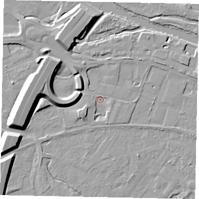 Shaded relief map of the ground around TW183FD, computed from Environment Agency LiDAR. The ground here sits at about 15 m above sea level and falls 12 m across the surrounding 800 m. Surface water reaching this point runs off ground lying to the south-west, 4.6 m higher.
