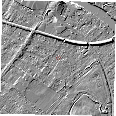 Shaded relief map of the ground around TW183HB, computed from Environment Agency LiDAR. The ground here sits at about 15 m above sea level and falls 7 m across the surrounding 800 m. Surface water reaching this point runs off ground lying to the north-west, 2.5 m higher.