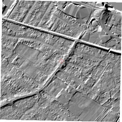 Shaded relief map of the ground around TW183HD, computed from Environment Agency LiDAR. The ground here sits at about 15 m above sea level and falls 7 m across the surrounding 800 m. Surface water reaching this point runs off ground lying to the south-south-west, 1.3 m higher.