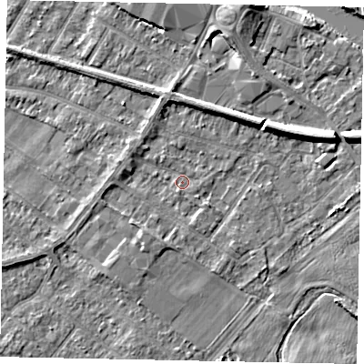 Shaded relief map of the ground around TW183HE, computed from Environment Agency LiDAR. The ground here sits at about 15 m above sea level and falls 7 m across the surrounding 800 m. Surface water reaching this point runs off ground lying to the north-north-west, 2.3 m higher.