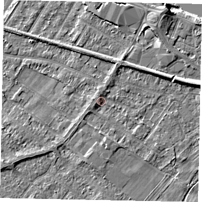 Shaded relief map of the ground around TW183HF, computed from Environment Agency LiDAR. The ground here sits at about 15 m above sea level and falls 7 m across the surrounding 800 m. Surface water reaching this point runs off ground lying to the south, 1.7 m higher.