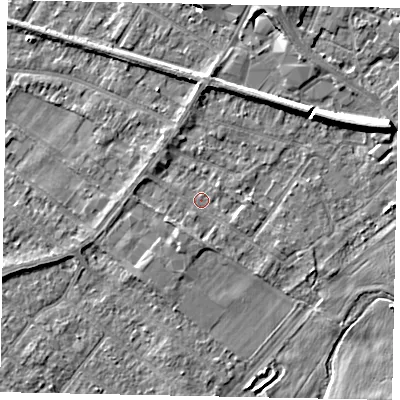 Shaded relief map of the ground around TW183HG, computed from Environment Agency LiDAR. The ground here sits at about 15 m above sea level and falls 7 m across the surrounding 800 m. Surface water reaching this point runs off ground lying to the south-south-west, 1.7 m higher.
