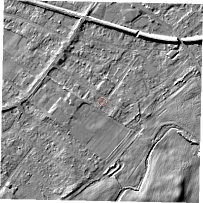 Shaded relief map of the ground around TW183HH, computed from Environment Agency LiDAR. The ground here sits at about 15 m above sea level and falls 6 m across the surrounding 800 m. Surface water reaching this point runs off ground lying to the west, 1.1 m higher.