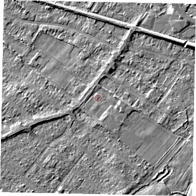 Shaded relief map of the ground around TW183HJ, computed from Environment Agency LiDAR. The ground here sits at about 15 m above sea level and falls 6 m across the surrounding 800 m. Surface water reaching this point runs off ground lying to the east, 1.2 m higher.