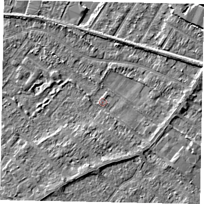 Shaded relief map of the ground around TW183HN, computed from Environment Agency LiDAR. The ground here sits at about 15 m above sea level and falls 4 m across the surrounding 800 m. Surface water reaching this point runs off ground lying to the east, 2.1 m higher.
