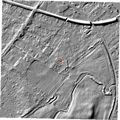 Shaded relief map of the ground around TW183HQ, computed from Environment Agency LiDAR. The ground here sits at about 15 m above sea level and falls 7 m across the surrounding 800 m. Surface water reaching this point runs off ground lying to the west-south-west, 0.9 m higher.