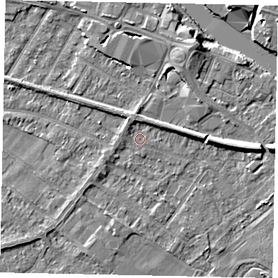 Shaded relief map of the ground around TW183HS, computed from Environment Agency LiDAR. The ground here sits at about 15 m above sea level and falls 7 m across the surrounding 800 m. Surface water reaching this point runs off ground lying to the north-west, 1.7 m higher.