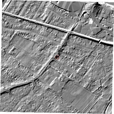 Shaded relief map of the ground around TW183HT, computed from Environment Agency LiDAR. The ground here sits at about 15 m above sea level and falls 7 m across the surrounding 800 m. Surface water reaching this point runs off ground lying to the south-south-east, 1.7 m higher.