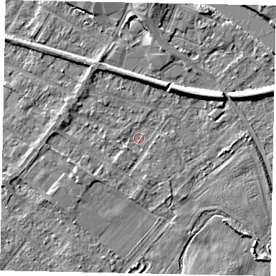 Shaded relief map of the ground around TW183HU, computed from Environment Agency LiDAR. The ground here sits at about 14 m above sea level and falls 7 m across the surrounding 800 m. Surface water reaching this point runs off ground lying to the south-west, 1.7 m higher.