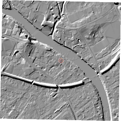 Shaded relief map of the ground around TW183HW, computed from Environment Agency LiDAR. The ground here sits at about 15 m above sea level and falls 8 m across the surrounding 800 m. The ground contributing surface water to this point lies to the west-north-west.