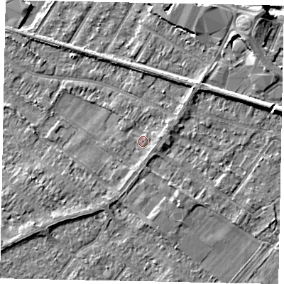 Shaded relief map of the ground around TW183HX, computed from Environment Agency LiDAR. The ground here sits at about 15 m above sea level and falls 6 m across the surrounding 800 m. Surface water reaching this point runs off ground lying to the east-north-east, 1.7 m higher.