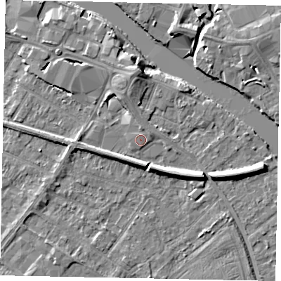 Shaded relief map of the ground around TW183HZ, computed from Environment Agency LiDAR. The ground here sits at about 16 m above sea level and falls 7 m across the surrounding 800 m. Surface water reaching this point runs off ground lying to the east-north-east, 1.1 m higher.