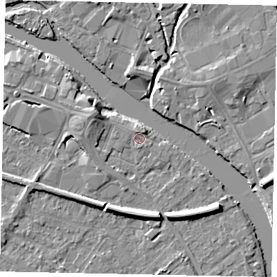 Shaded relief map of the ground around TW183JA, computed from Environment Agency LiDAR. The ground here sits at about 15 m above sea level and falls 7 m across the surrounding 800 m. Surface water reaching this point runs off ground lying to the south-south-east, 0.6 m higher.