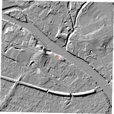 Shaded relief map of the ground around TW183JB, computed from Environment Agency LiDAR. The ground here sits at about 15 m above sea level and falls 7 m across the surrounding 800 m. Surface water reaching this point runs off ground lying to the south-south-east, 7.2 m higher.