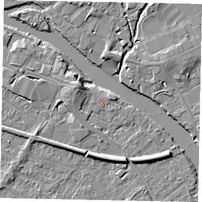 Shaded relief map of the ground around TW183JD, computed from Environment Agency LiDAR. The ground here sits at about 16 m above sea level and falls 7 m across the surrounding 800 m. The ground contributing surface water to this point lies to the west.