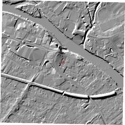 Shaded relief map of the ground around TW183JE, computed from Environment Agency LiDAR. The ground here sits at about 15 m above sea level and falls 7 m across the surrounding 800 m. Surface water reaching this point runs off ground lying to the north-north-west, 3.2 m higher.