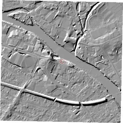 Shaded relief map of the ground around TW183JF, computed from Environment Agency LiDAR. The ground here sits at about 15 m above sea level and falls 7 m across the surrounding 800 m. Surface water reaching this point runs off ground lying to the south-east, 7.2 m higher.