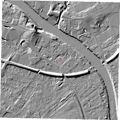 Shaded relief map of the ground around TW183JH, computed from Environment Agency LiDAR. The ground here sits at about 15 m above sea level and falls 7 m across the surrounding 800 m. Surface water reaching this point runs off ground lying to the south-west, 0.7 m higher.