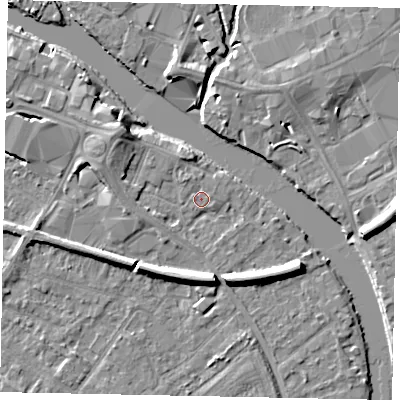 Shaded relief map of the ground around TW183JJ, computed from Environment Agency LiDAR. The ground here sits at about 15 m above sea level and falls 7 m across the surrounding 800 m. Surface water reaching this point runs off ground lying to the north-west, 4.3 m higher.