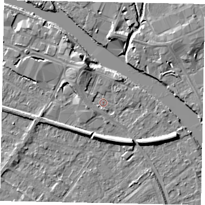 Shaded relief map of the ground around TW183JL, computed from Environment Agency LiDAR. The ground here sits at about 15 m above sea level and falls 7 m across the surrounding 800 m. Surface water reaching this point runs off ground lying to the north-north-west, 3.9 m higher.