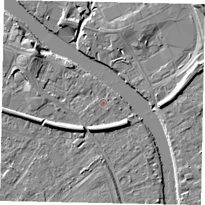 Shaded relief map of the ground around TW183JN, computed from Environment Agency LiDAR. The ground here sits at about 15 m above sea level and falls 8 m across the surrounding 800 m. Surface water reaching this point runs off ground lying to the south-east, 0.5 m higher.