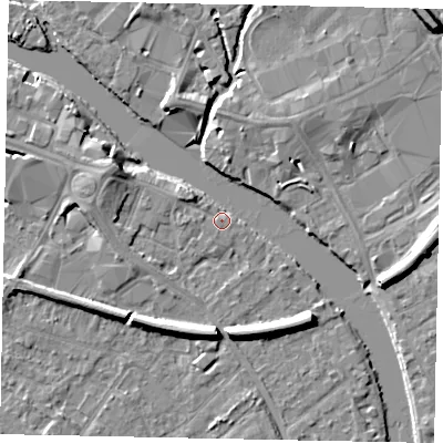 Shaded relief map of the ground around TW183JQ, computed from Environment Agency LiDAR. The ground here sits at about 15 m above sea level and falls 8 m across the surrounding 800 m. Surface water reaching this point runs off ground lying to the north-west, 3.9 m higher.